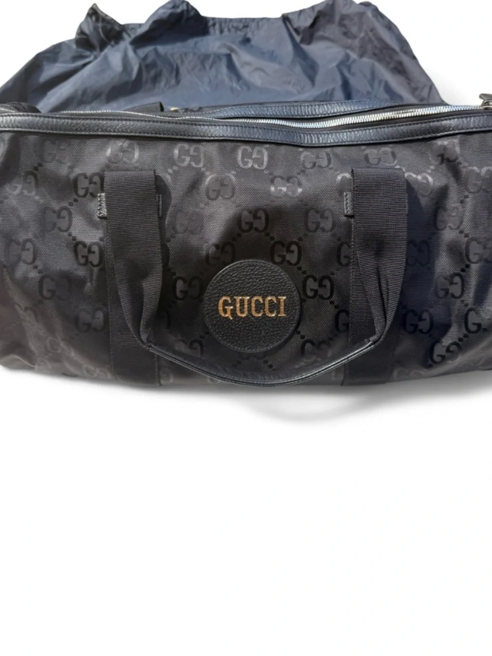 Gucci GG Canvas Duffel Bag – Black Monogram Gold Logo Travel Bag with Strap